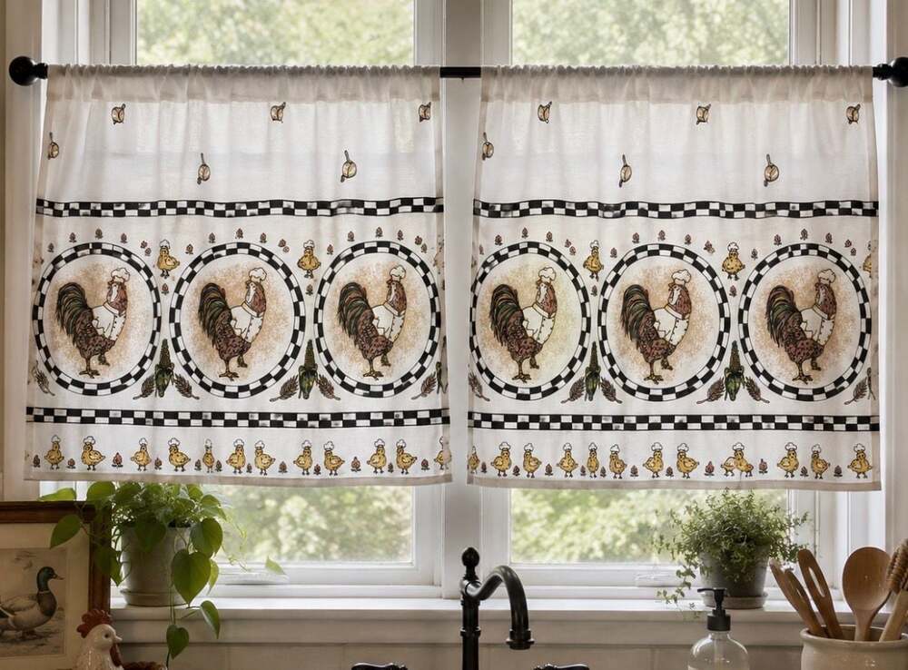 Home Essentials Tier & Swag Set Rooster Chicken Curtains Vintage Cooking Rooster